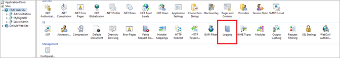 Windows Internet Information Services console with CMS Web Site selected in the Sites node section in the right panel and the Logging icon is outlined in red in the left panel